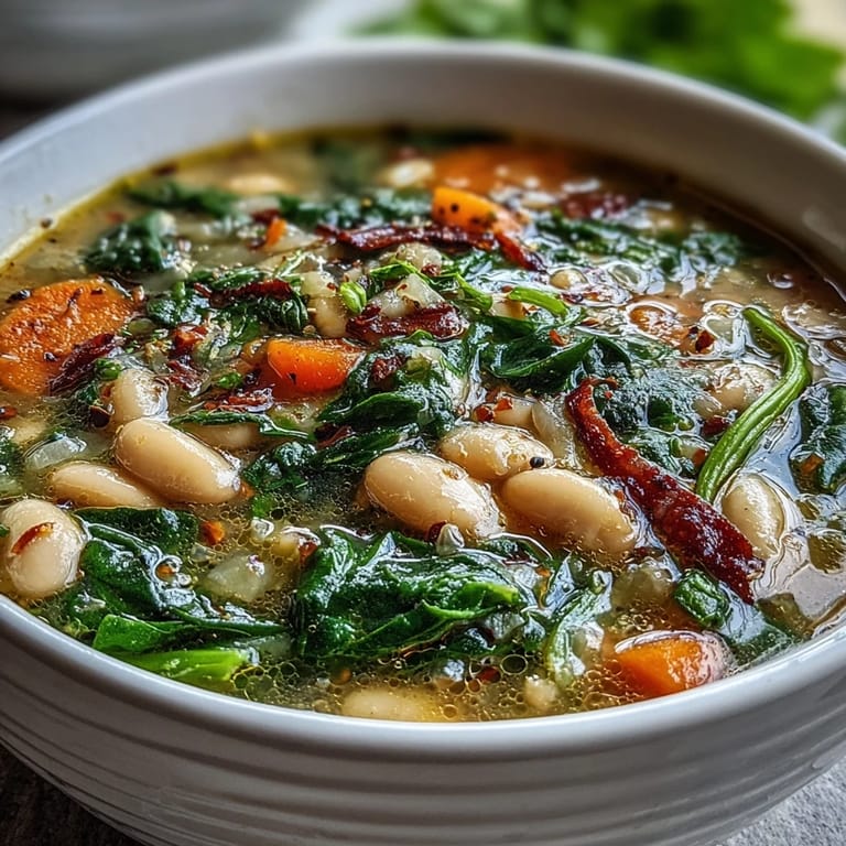 Wholesome Tuscan white bean and spinach soup with vibrant vegetables, garlic, and Italian herbs, finished with a drizzle of olive oil for comforting flavor.
