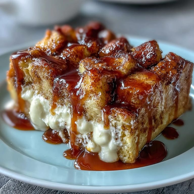 Forkful of warm Caramel Cream Cheese French Toast Casserole with a drizzle of caramel sauce.