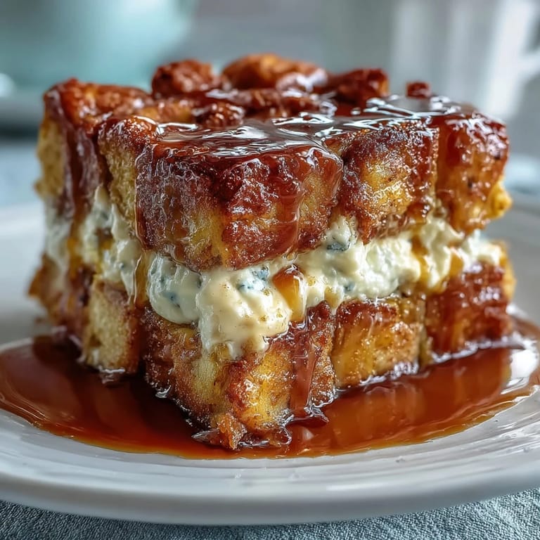 Frosted and ready to serve, this Caramel Cream Cheese French Toast Casserole looks delicious.