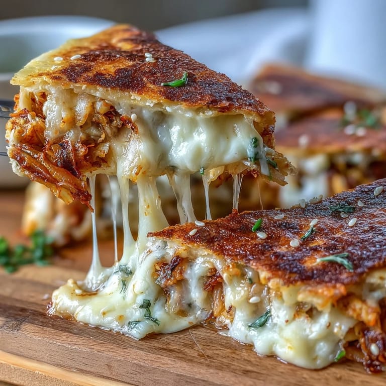 Spicy Korean kimchi and gooey cheddar cheese oozing from a perfectly toasted flour tortilla, sliced into triangles.