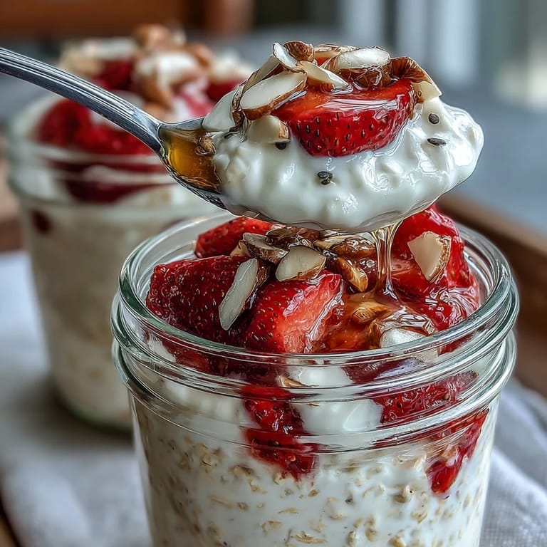 A jar of strawberry vanilla overnight oats layered with diced strawberries and chia seeds, ready for a quick healthy breakfast.