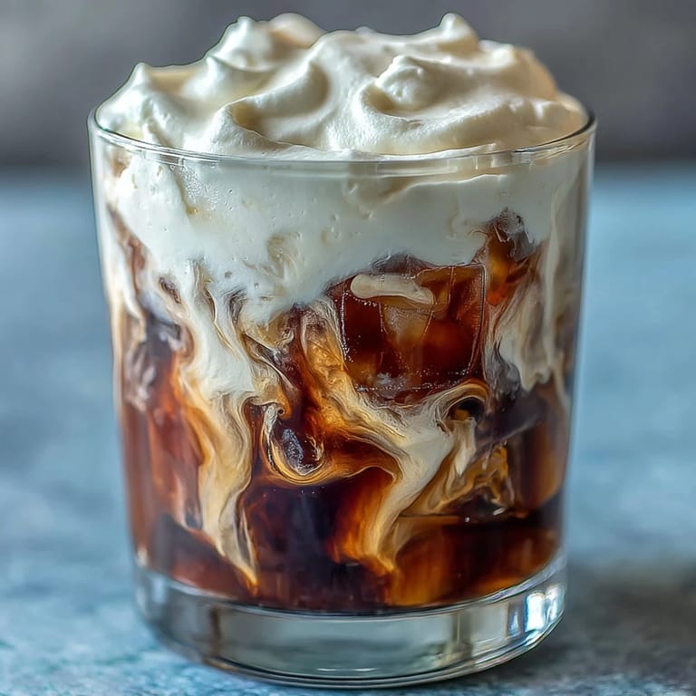 Delightful cold brew coffee presented with a velvety vanilla sweet cream cascade, so inviting.