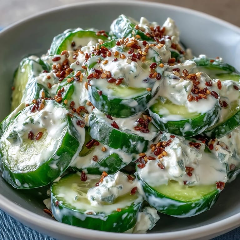 Crunchy cucumber salad with cream cheese, dill, and savory bagel spice topping.