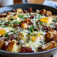 Amish Breakfast Casserole with Hash Browns, Eggs and Sausage in a golden-baked dish, topped with melted cheddar and Swiss cheese, served warm from the oven.