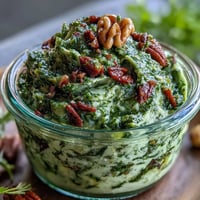 Dandelion Pesto with Garlic and Pine Nuts: Vibrant green pesto made with fresh dandelion greens, toasted pine nuts, and garlic, ideal for pasta or sandwiches.