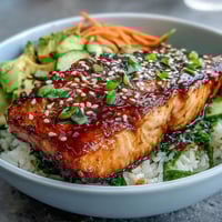 A colorful 15-Minute Teriyaki Salmon Bowl with glazed salmon, fresh vegetables, and rice, perfect for a quick summer dinner.