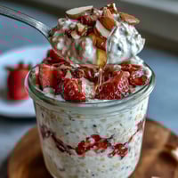 Creamy overnight oats with vanilla and fresh strawberries in a glass jar, topped with sliced almonds and a drizzle of honey.