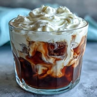 Smooth cold brew coffee with luscious vanilla sweet cream topping, an ideal refreshing treat.